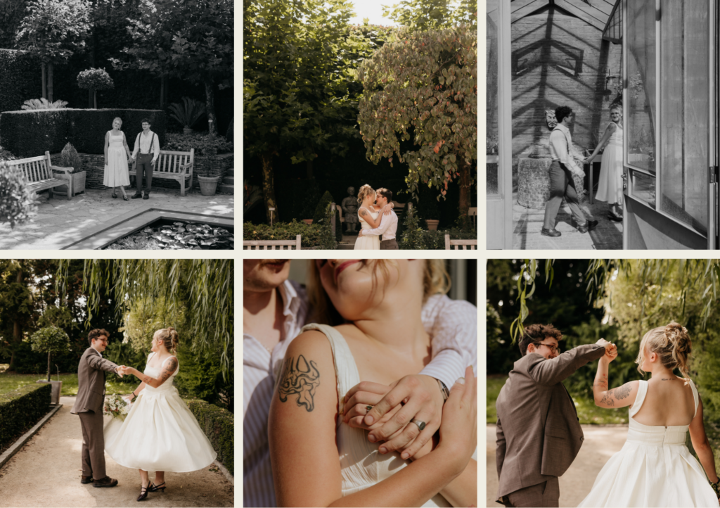 moodboard van een pasgetrouwd koppel in de Botanische Tuin in Leuven op de dag van hun burgerlijk huwelijk tijdens de koppelshoot